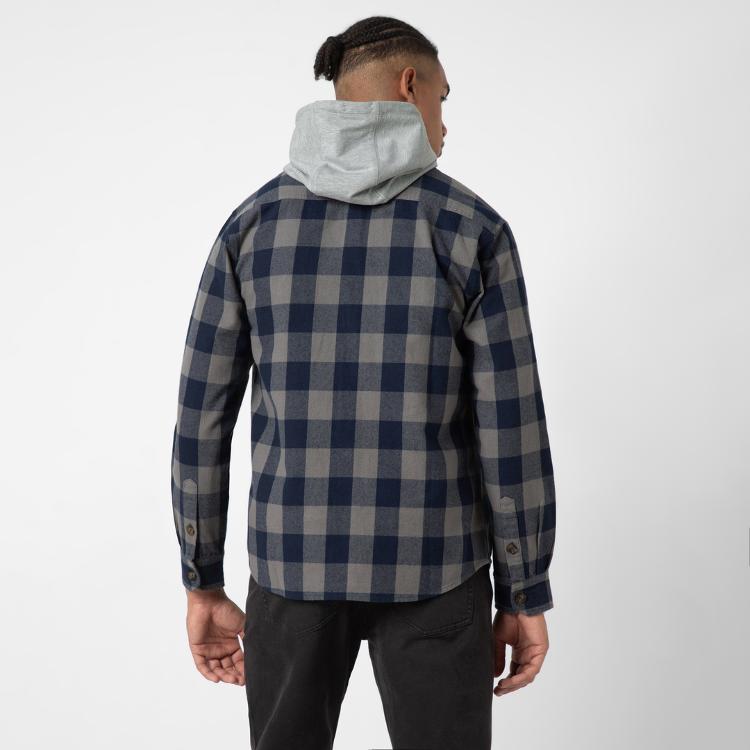 Heavyweight Flannel Overshirt Navy Grey back on model