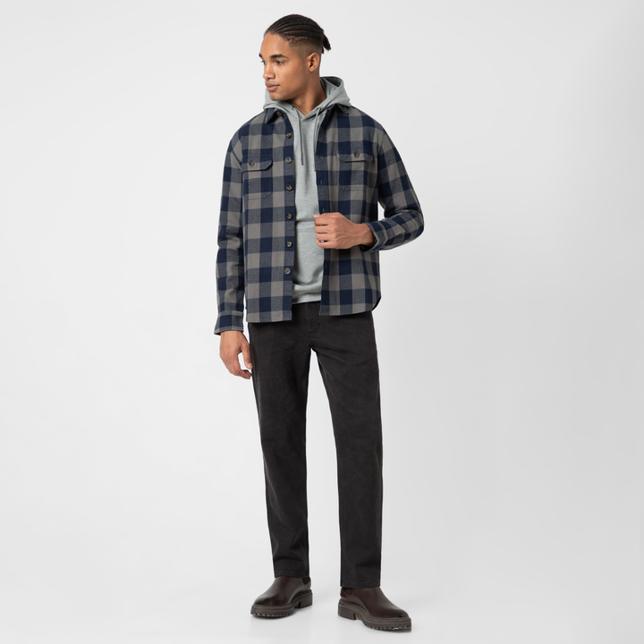 Heavyweight Flannel Overshirt Navy Grey full body on model