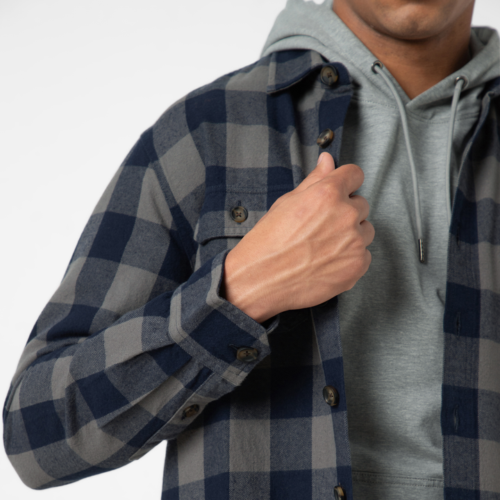 Heavyweight Flannel Overshirt Navy Grey close up on model