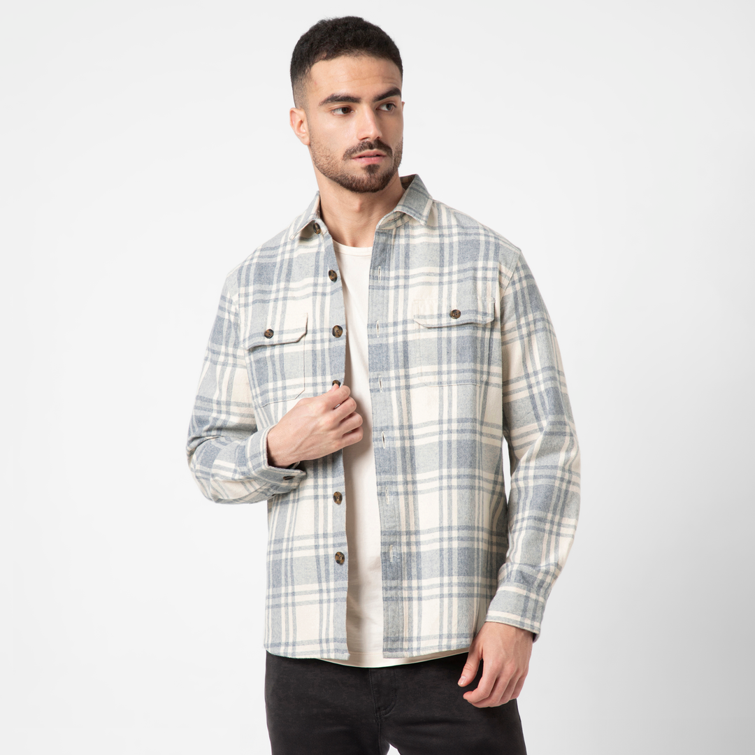 Heavyweight Flannel Overshirt Oat Flint front on model