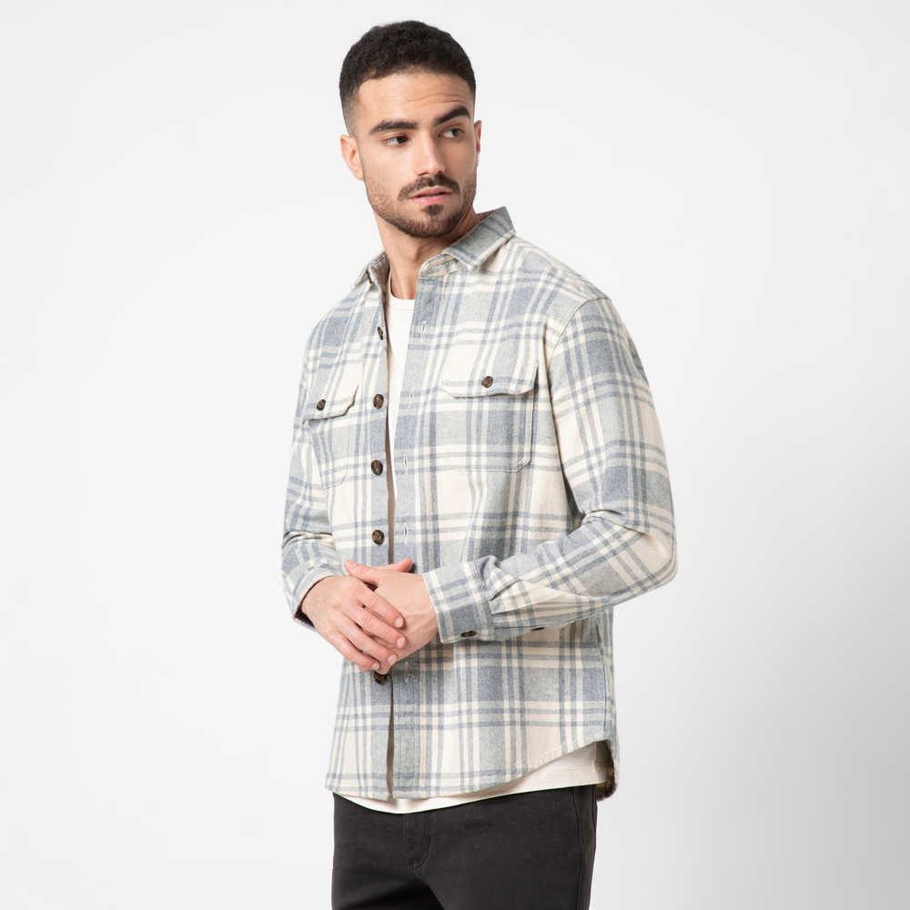 Heavyweight Flannel Overshirt Oat Flint side on model