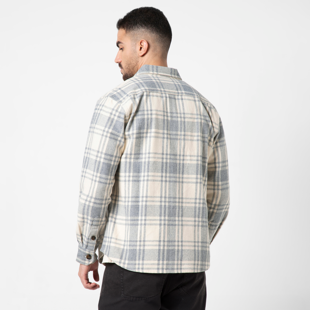 Heavyweight Flannel Overshirt Oat Flint back on model