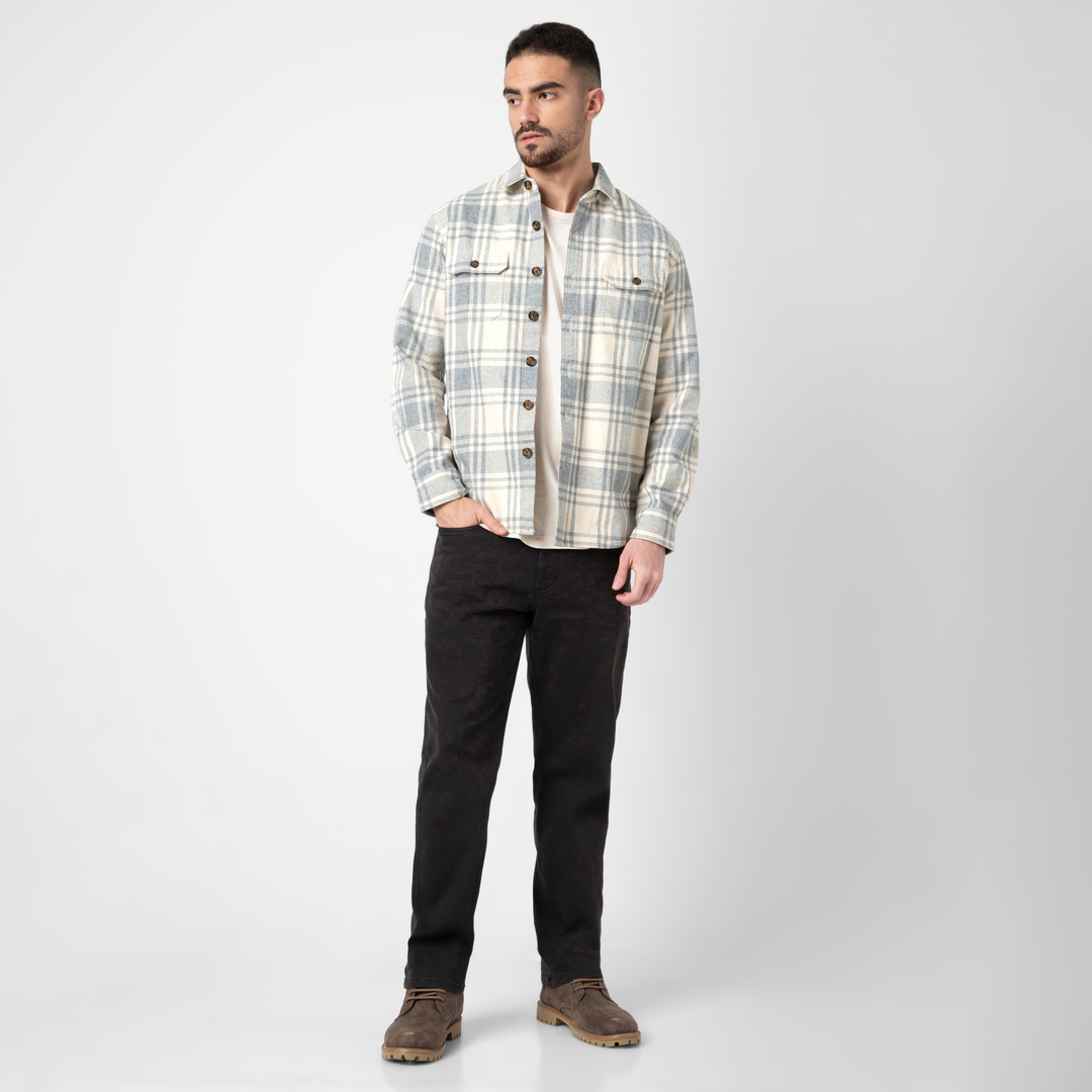 Heavyweight Flannel Overshirt Oat Flint full body on model