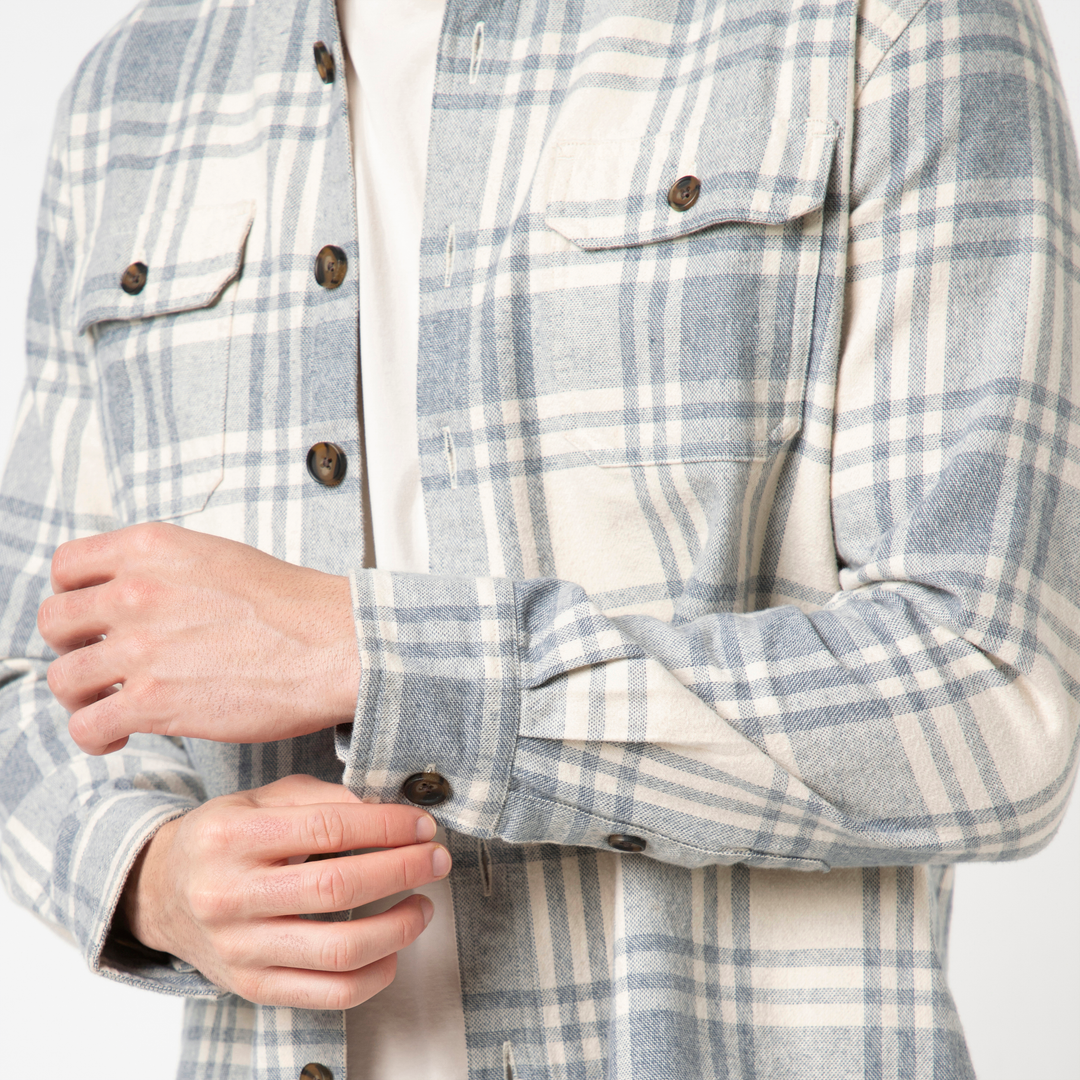 Heavyweight Flannel Overshirt Oat Flint close up front on model