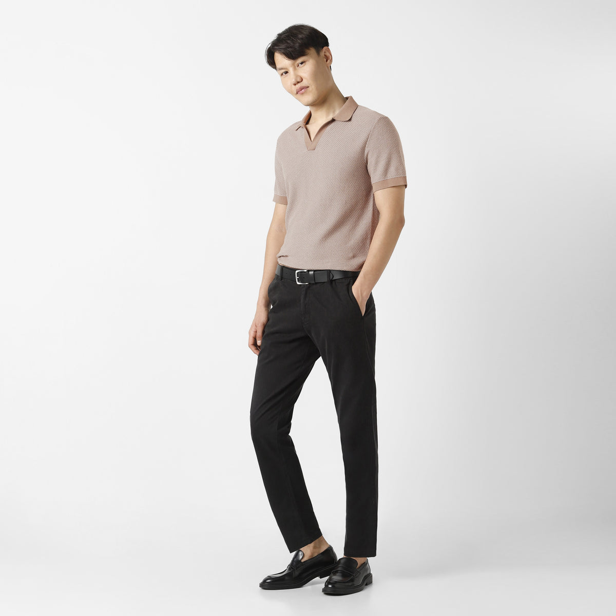 Honeycomb Sweater Polo Driftwood full body on model