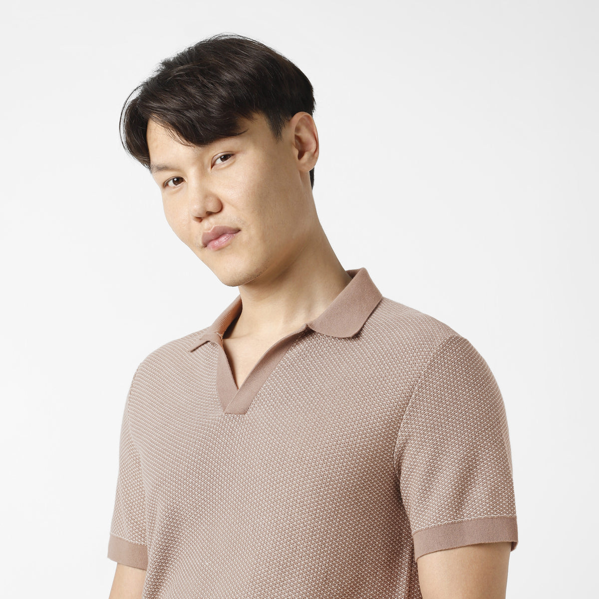 Honeycomb Sweater Polo Driftwood close up on model