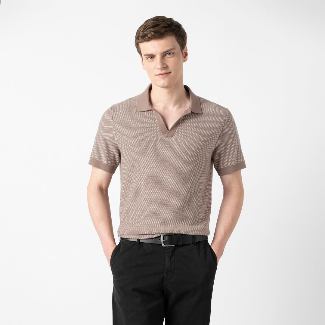 Honeycomb Sweater Polo Driftwood front on model