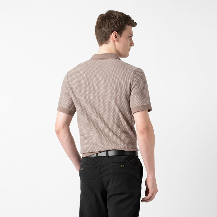Honeycomb Sweater Polo Driftwood back on model