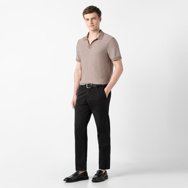 Honeycomb Sweater Polo Driftwood full body on model
