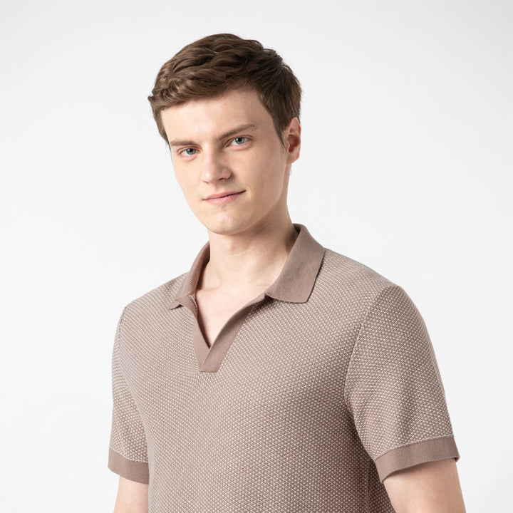 Honeycomb Sweater Polo Driftwood close up on model