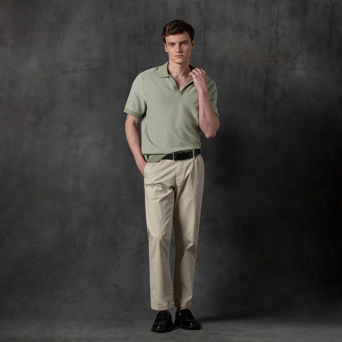 Honeycomb Sweater Polo Fern Charocal Backdrop full body on model