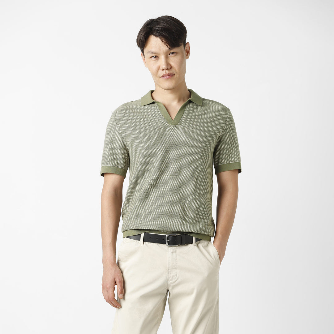 Honeycomb Sweater Polo Fern front on model
