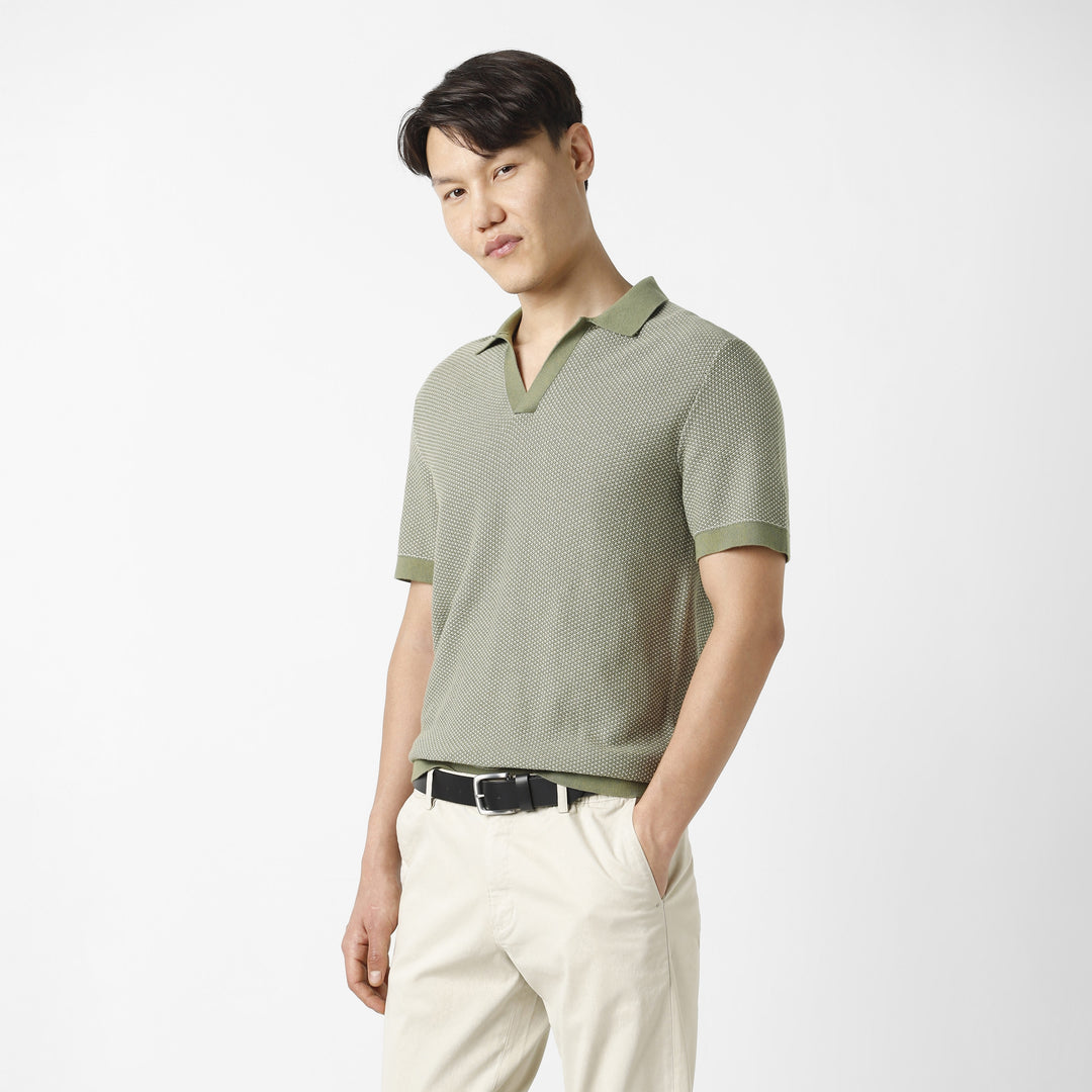 Honeycomb Sweater Polo Fern side on model