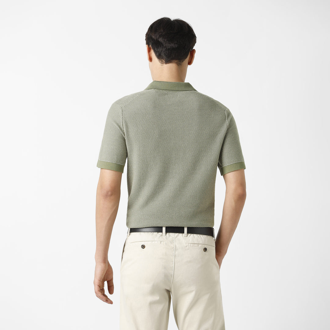 Honeycomb Sweater Polo Fern back on model