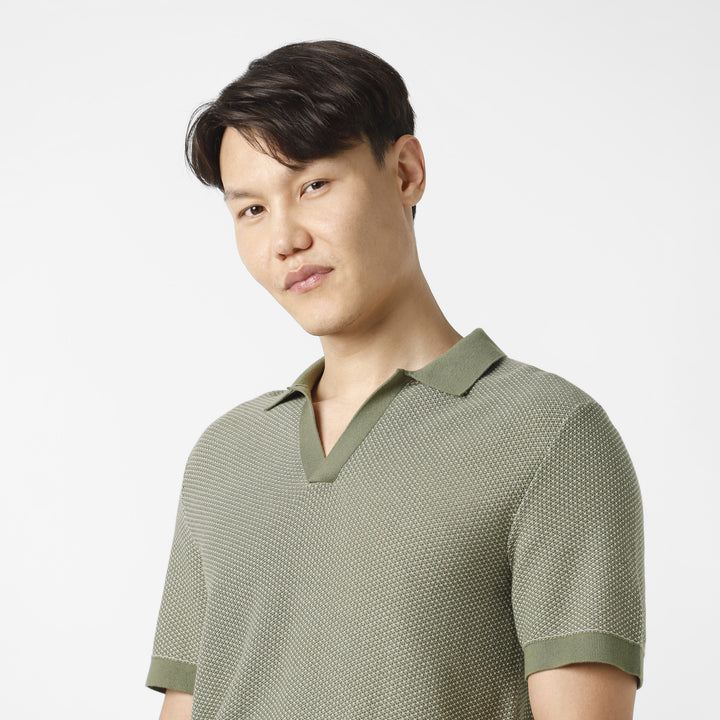 Honeycomb Sweater Polo Fern close up on model