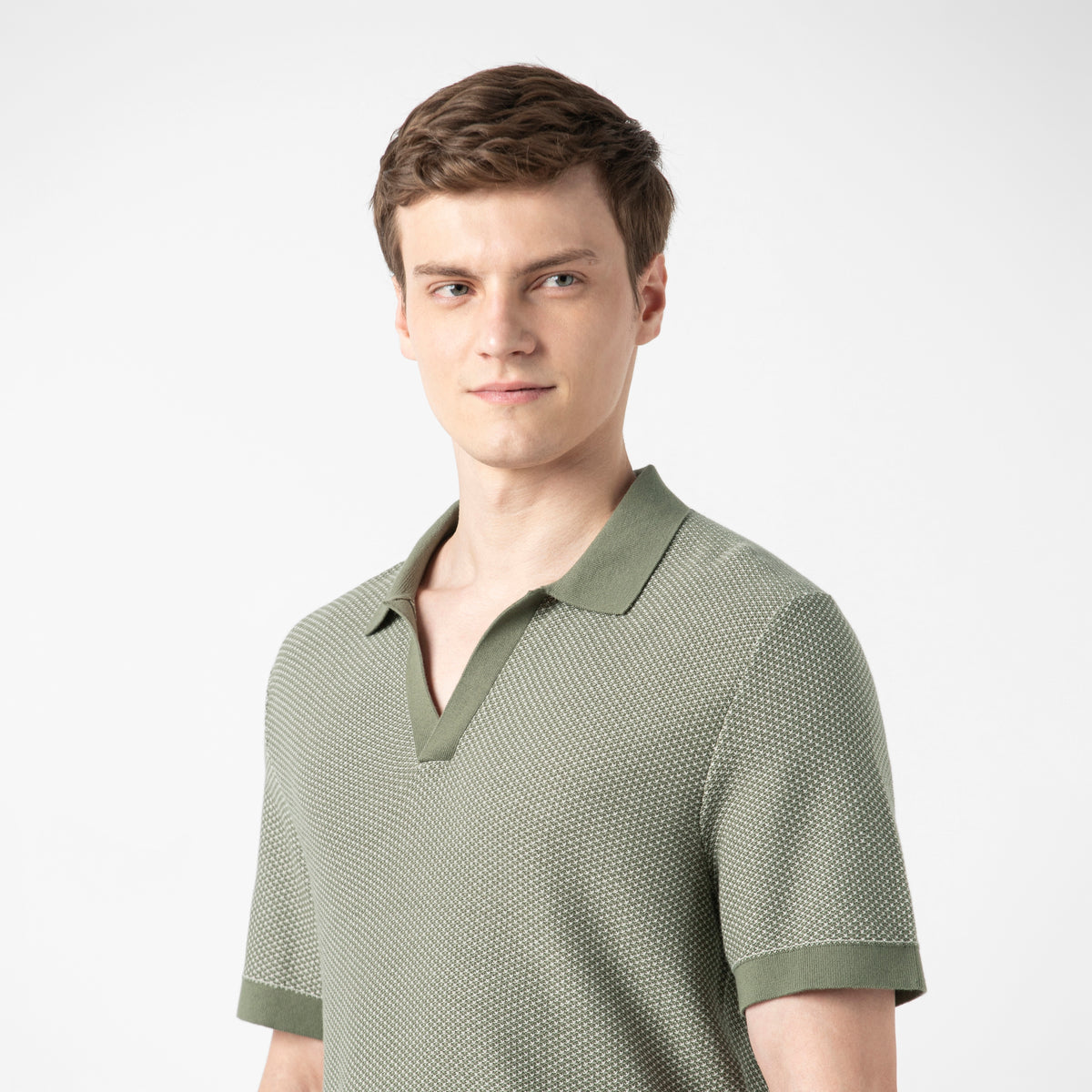 Honeycomb Sweater Polo Fern close up on model