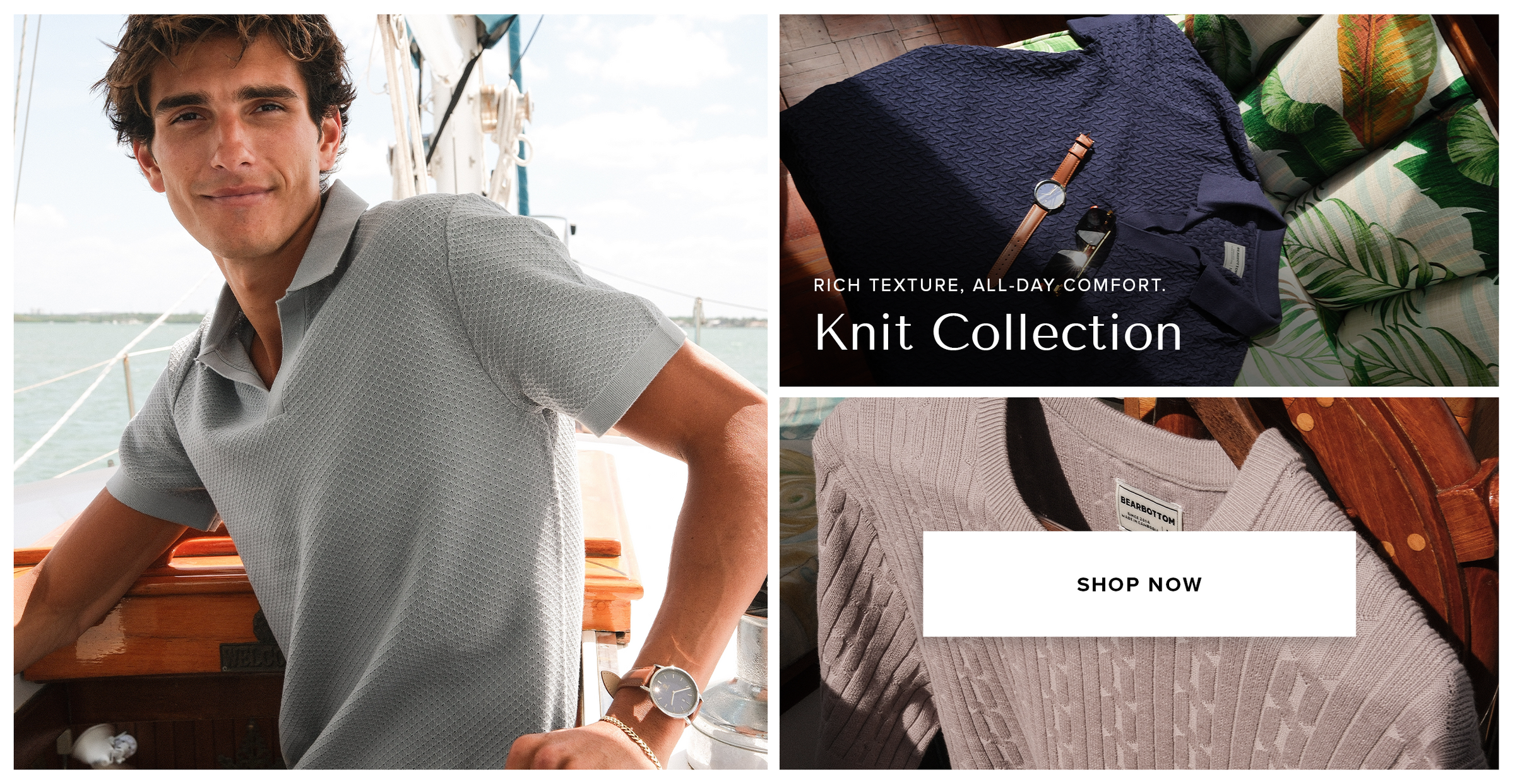 Man wearing Diamond Knit Sweater Polo in Shark on a sail boat, Textured Knit Sweater Polo in Navy lady on Palm Leaf print, Cable Stitch Sweater Polo in Grey on a boat steering wheel