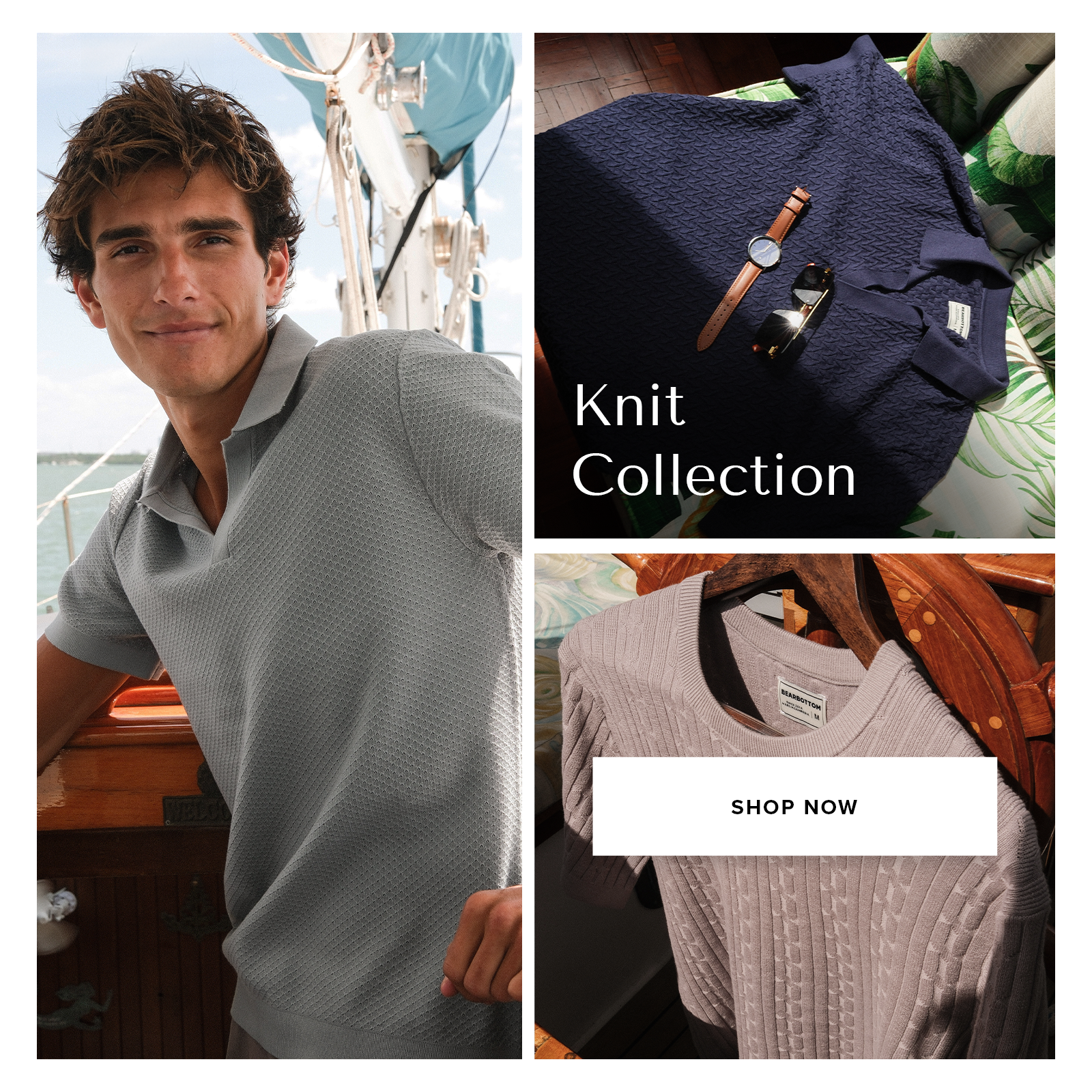 Man wearing Diamond Knit Sweater Polo in Shark on a sail boat, Textured Knit Sweater Polo in Navy lady on Palm Leaf print, Cable Stitch Sweater Polo in Grey on a boat steering wheel