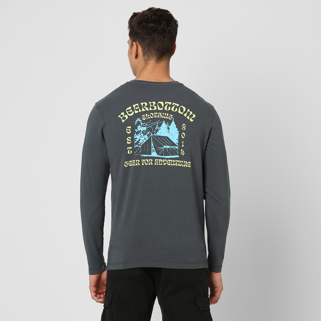 Natural Dye Graphic Long Sleeve - Festival back on model with festival graphic and text