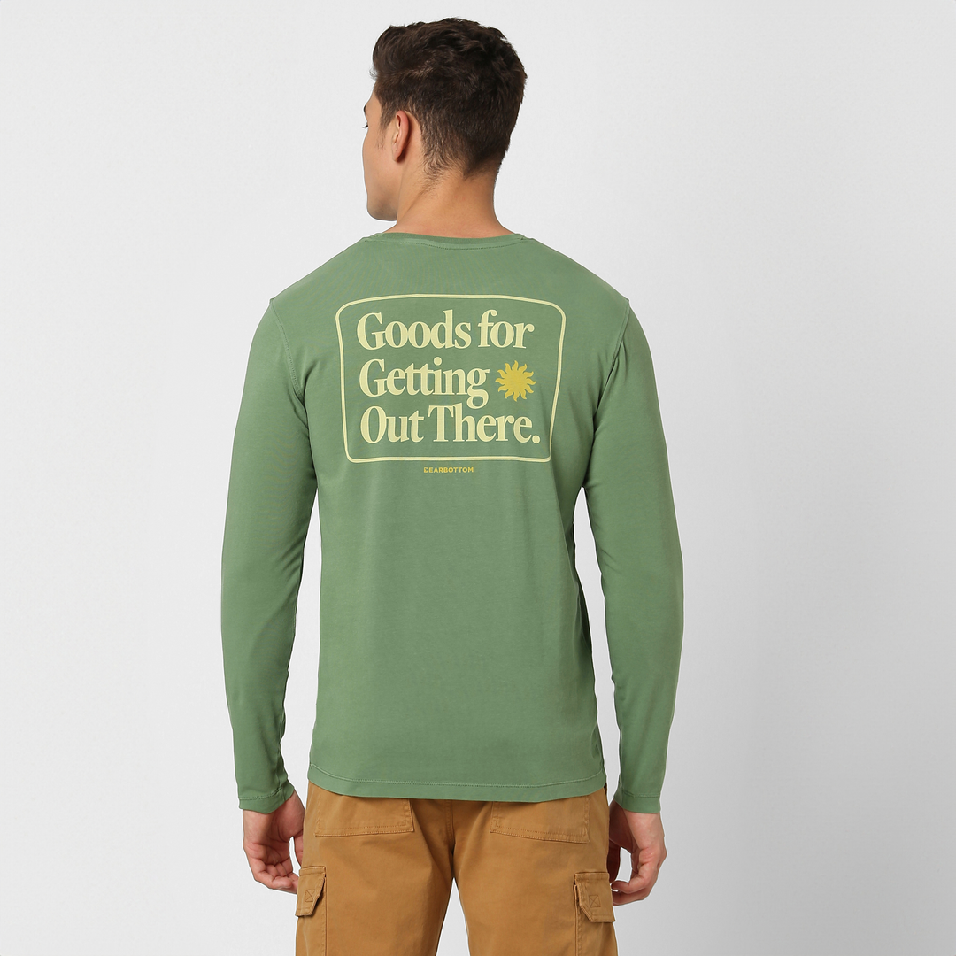 Natural Dye Graphic Long Sleeve - Sun Bear back on model with goods for getting out there text