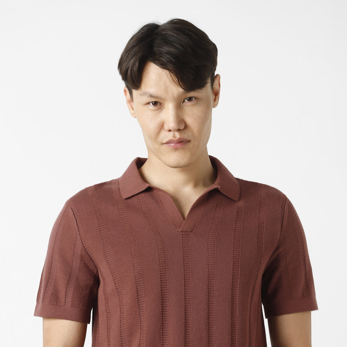 Ladder Knit Sweater Polo Deep Mauve close up on model