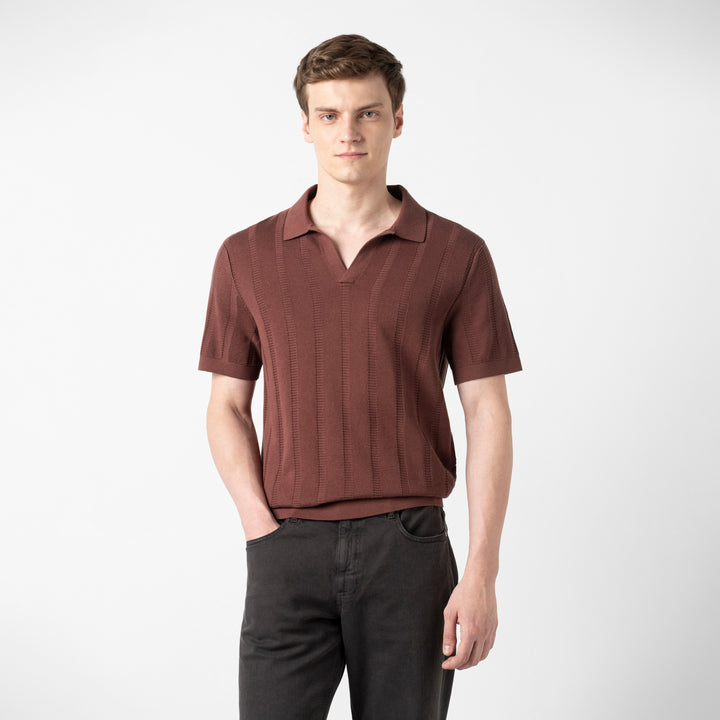 Ladder Knit Sweater Polo Deep Mauve front on model