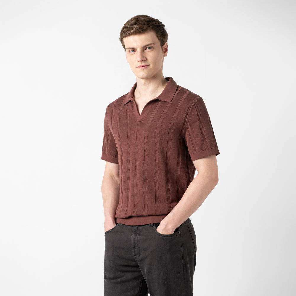 Ladder Knit Sweater Polo Deep Mauve side on model