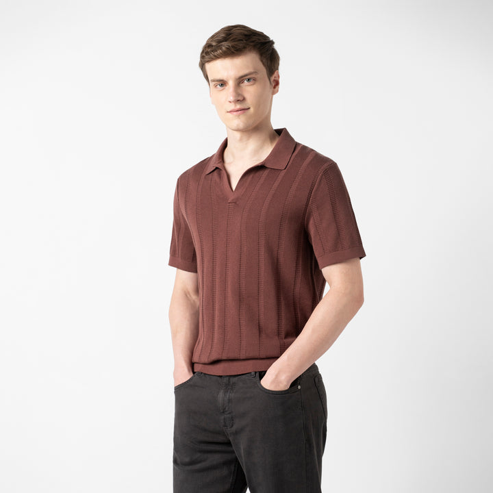 Ladder Knit Sweater Polo Deep Mauve side on model
