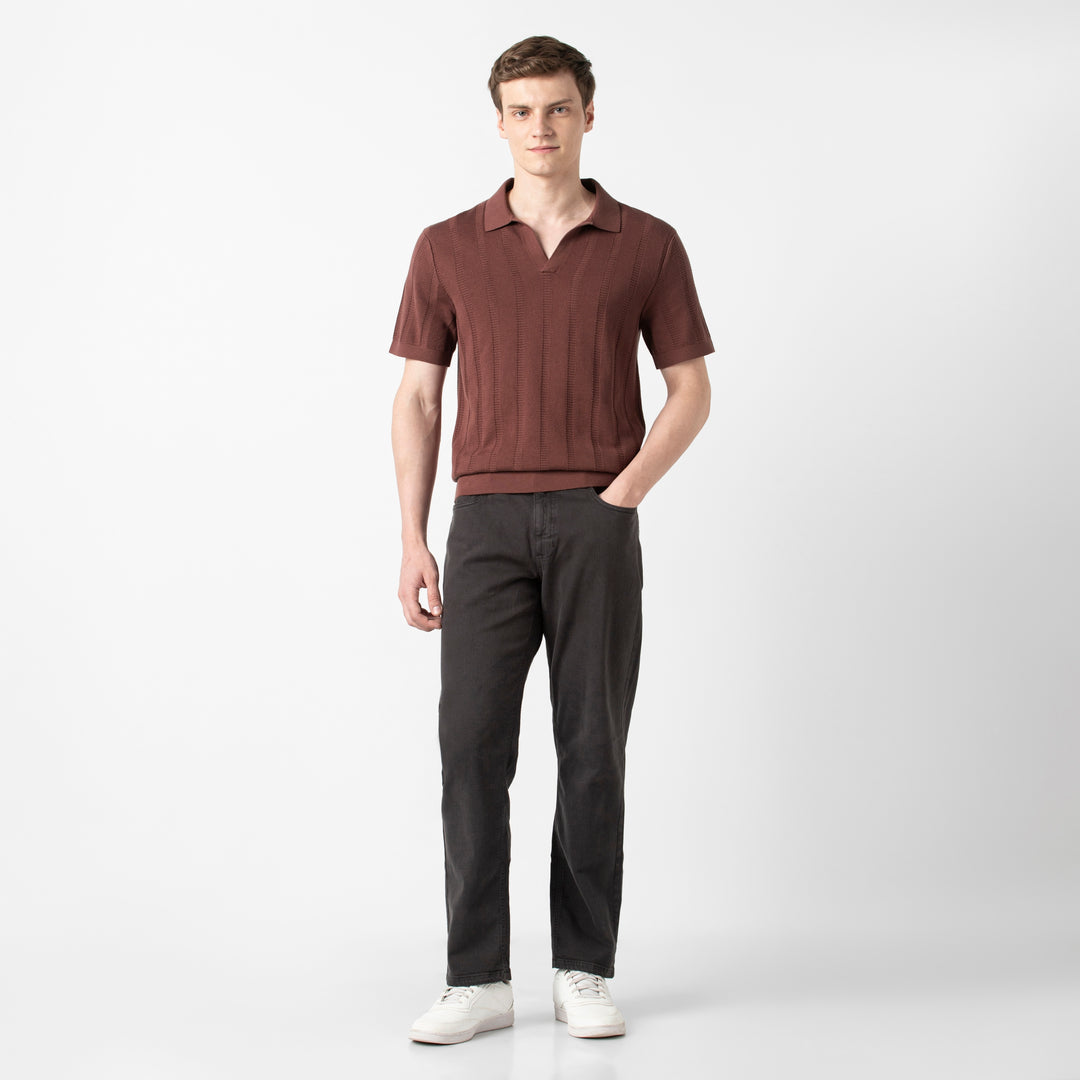 Ladder Knit Sweater Polo Deep Mauve full body on model