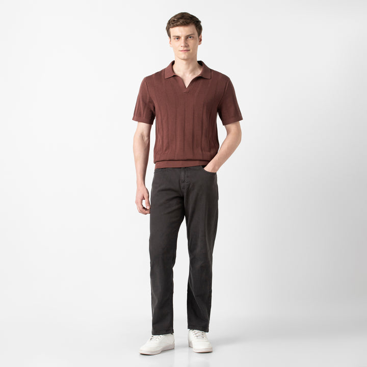 Ladder Knit Sweater Polo Deep Mauve full body on model