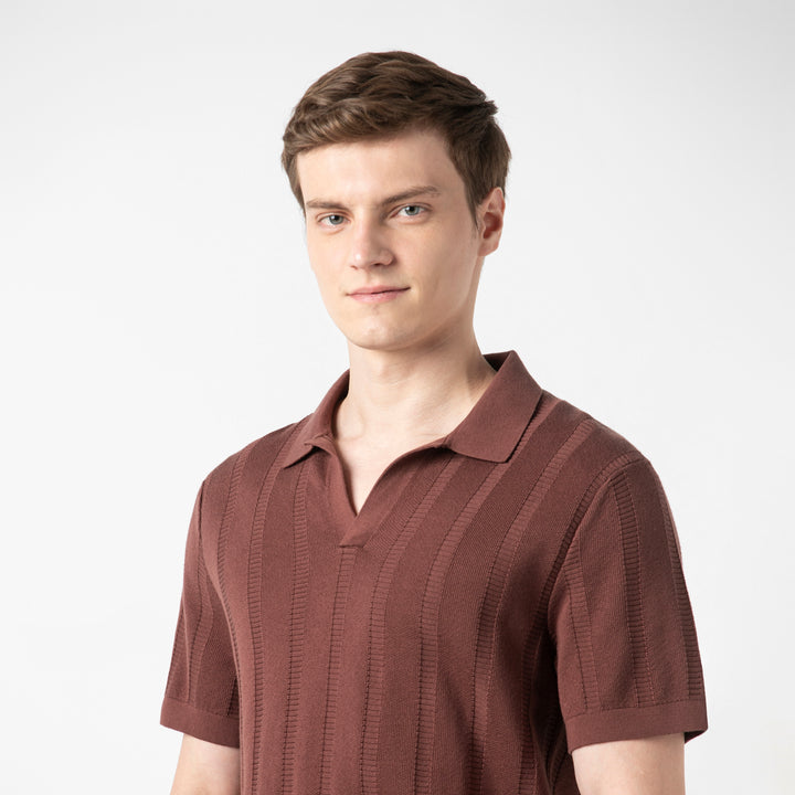 Ladder Knit Sweater Polo Deep Mauve close up on model