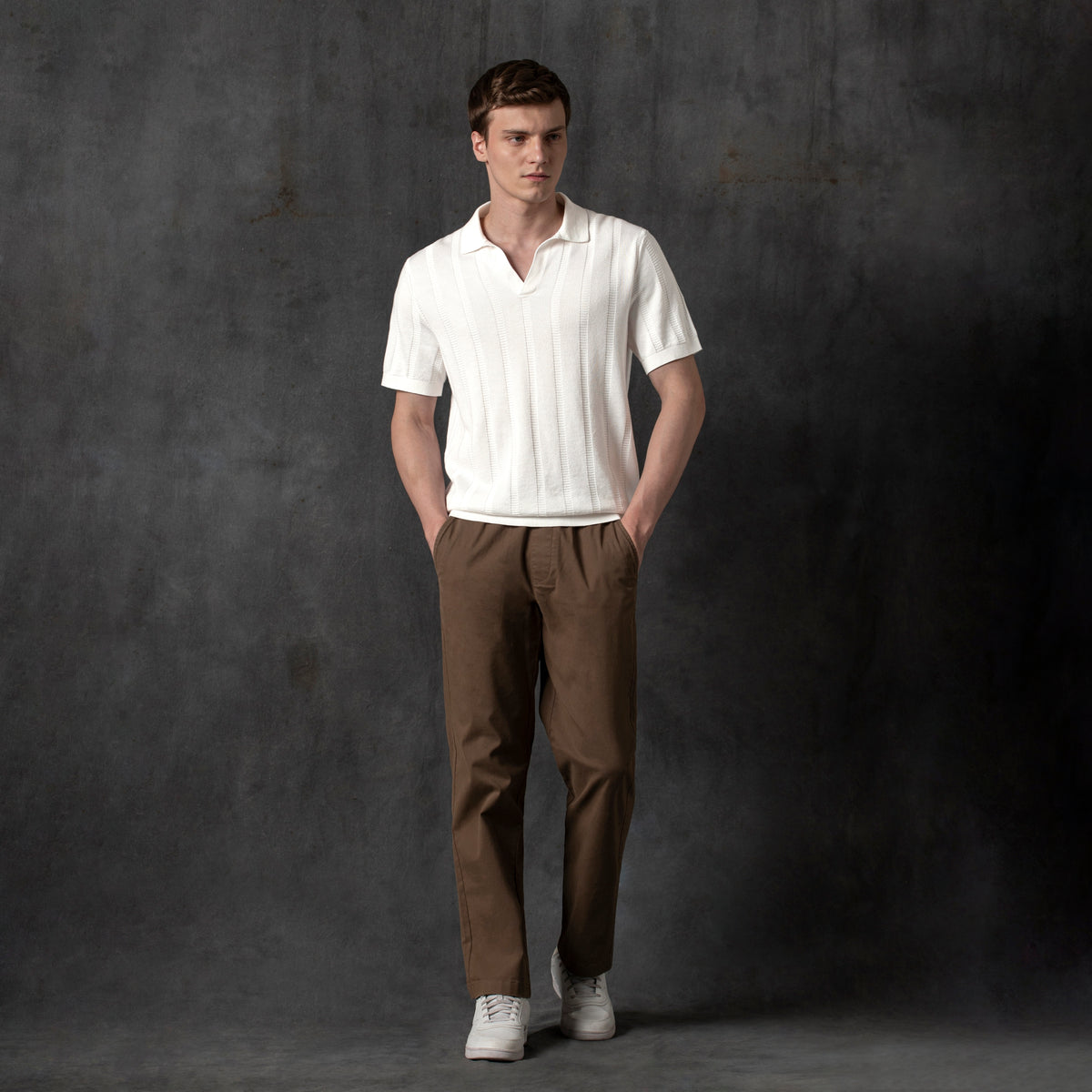 Ladder Knit Sweater Polo Charcoal backdrop full body on model