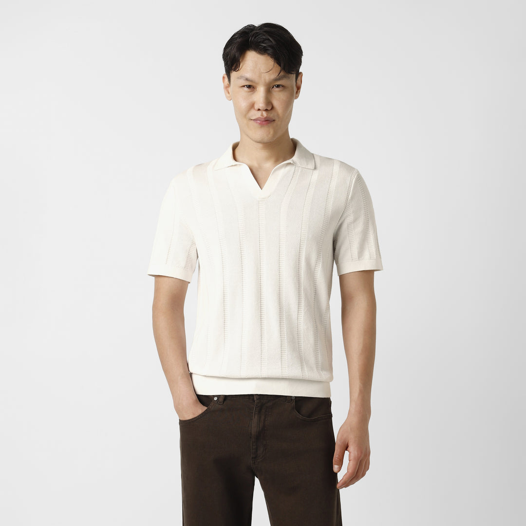 Ladder Knit Sweater Polo White front on model