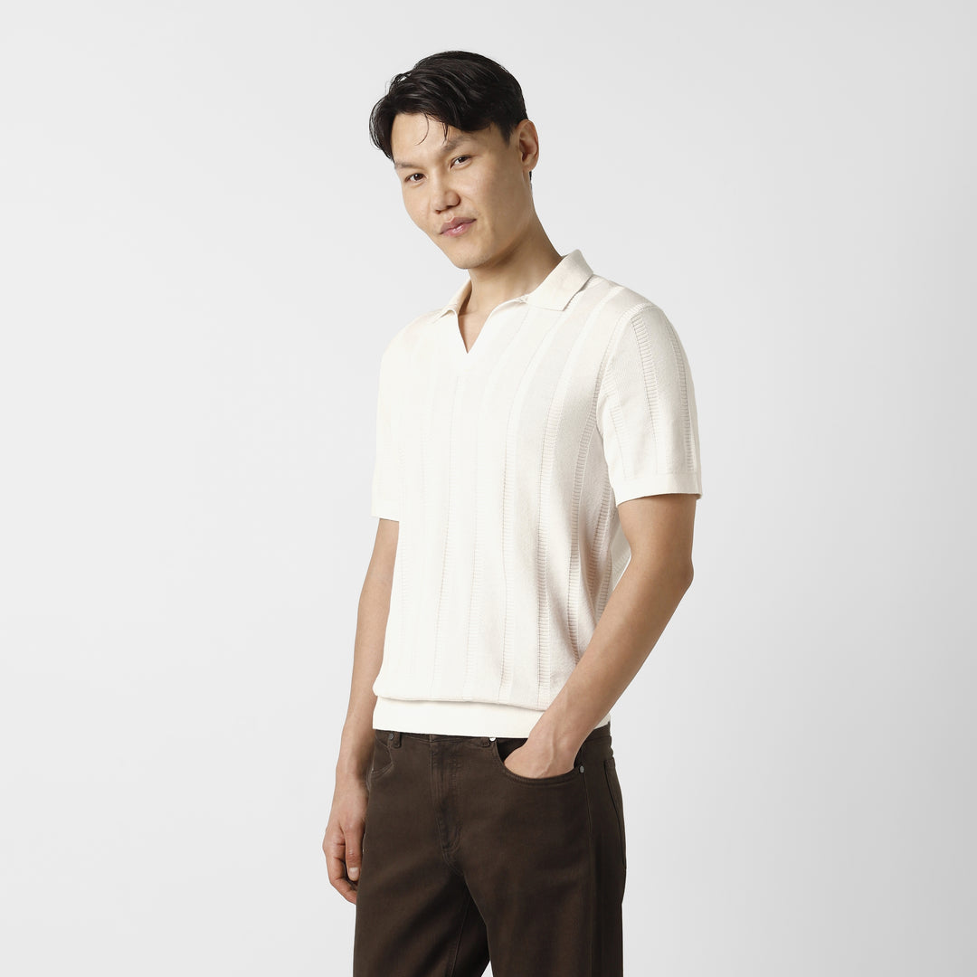 Ladder Knit Sweater Polo White side on model