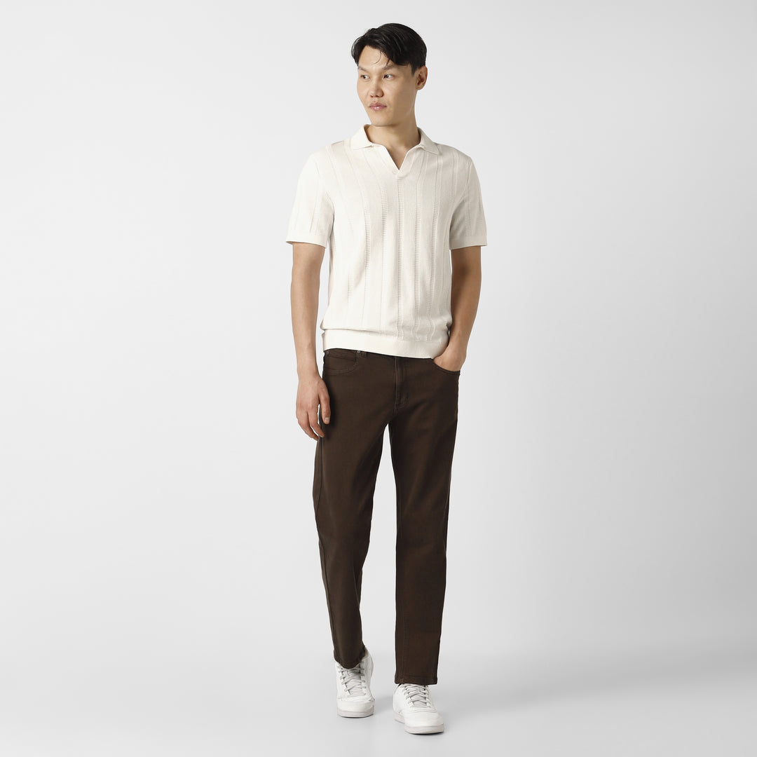 Ladder Knit Sweater Polo White full body on model