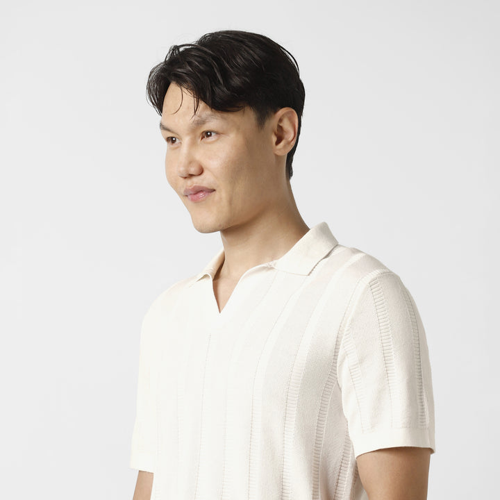 Ladder Knit Sweater Polo White close up on model