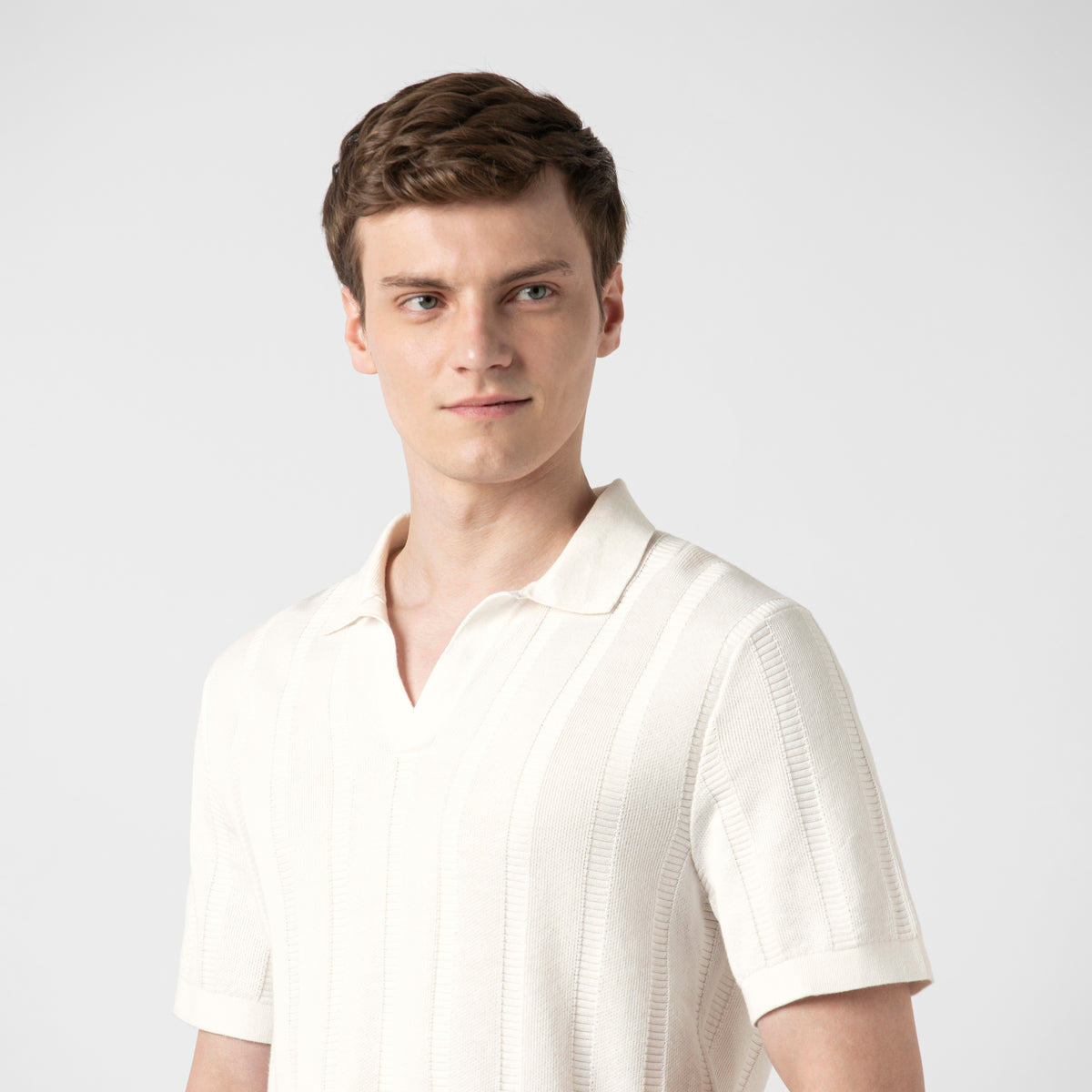 Ladder Knit Sweater Polo White Close up on model 