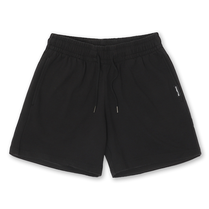 Loft Short 5.5" Black front with elastic waistband, fabric drawstring with metal tips, and two inseam pockets