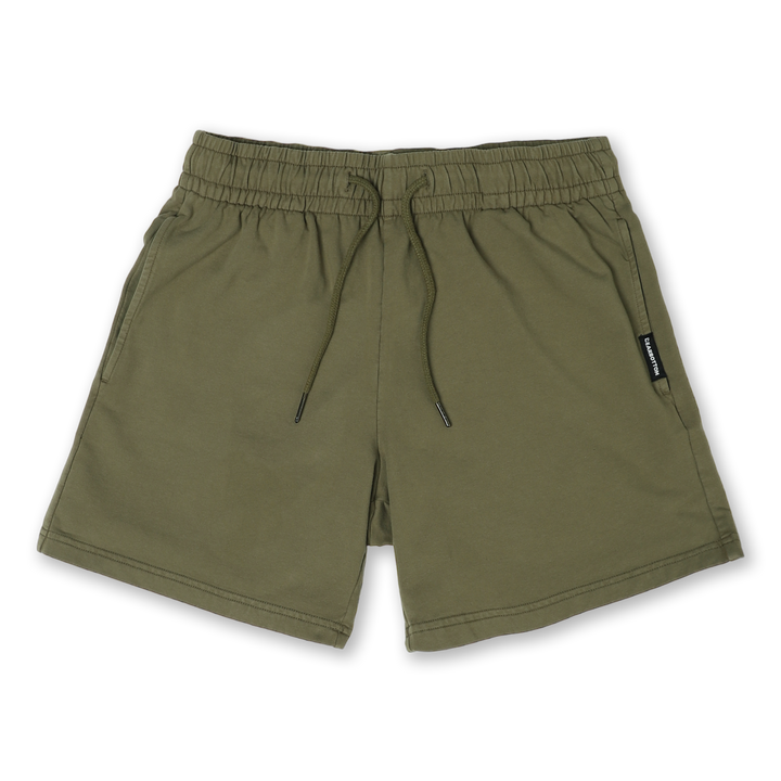 Loft Short 5.5" Olive front with elastic waistband, fabric drawstring with metal tips, and two inseam pockets