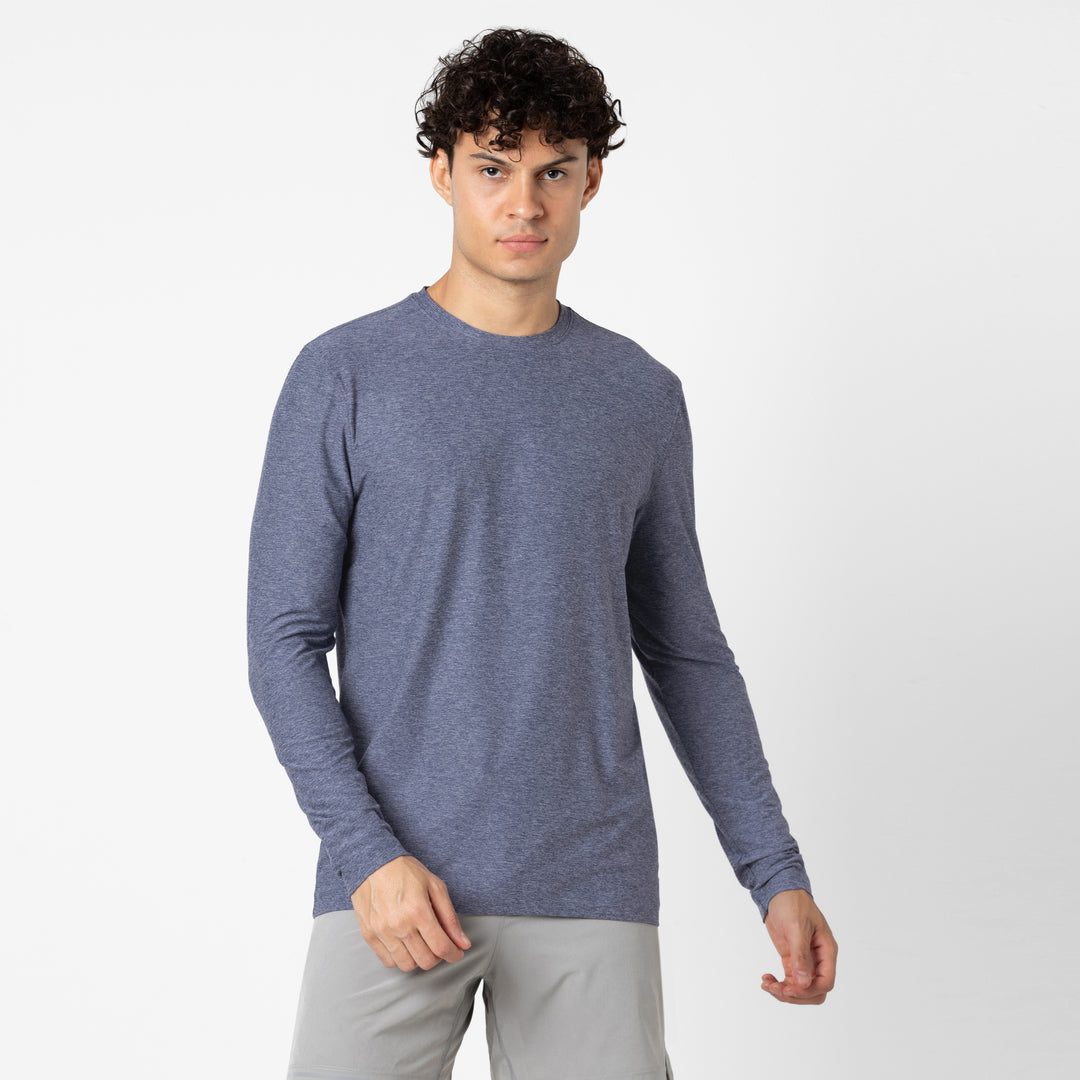 Long Sleeve Tech Tee Navy front on model