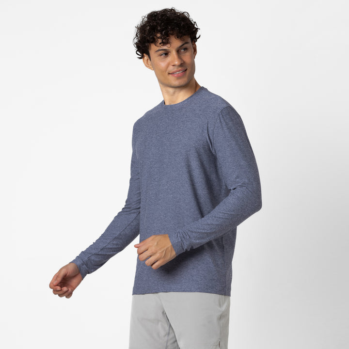 Long Sleeve Tech Tee Navy side on model