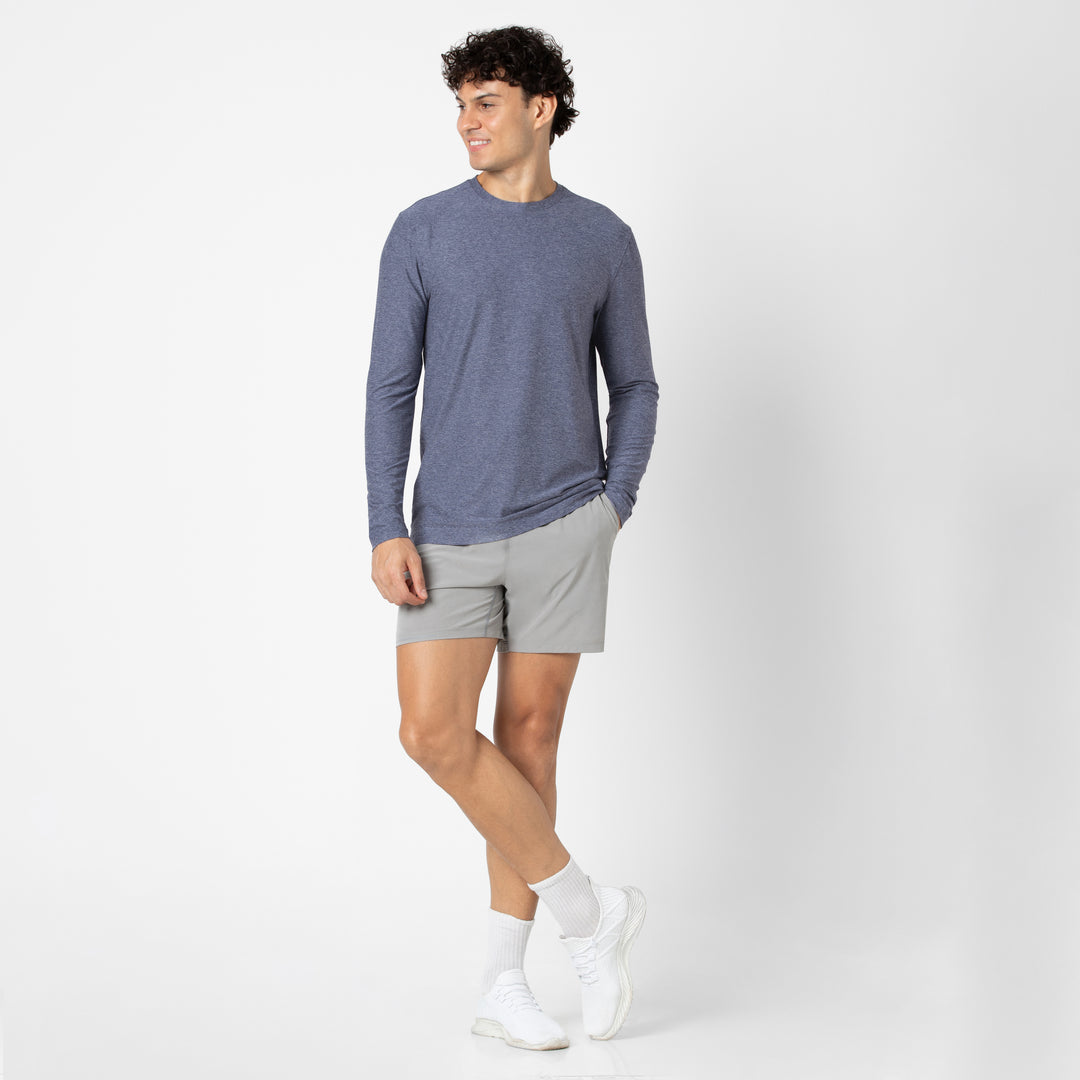 Long Sleeve Tech Tee Navy full body on model