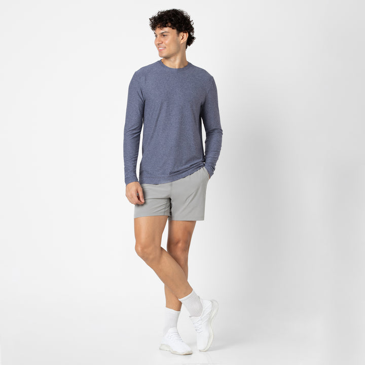 Long Sleeve Tech Tee Navy full body on model