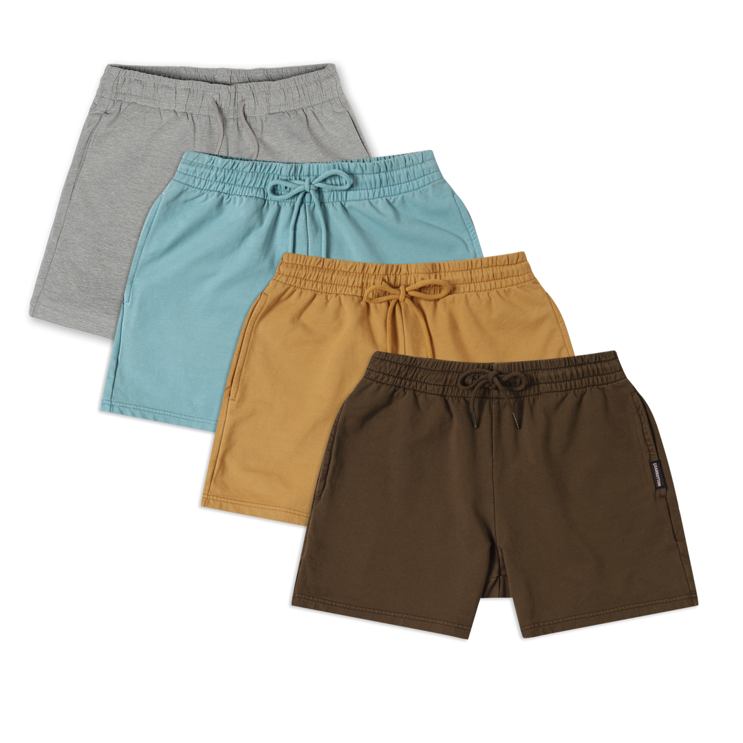 Lounge Short 4 pack 5 inch in heather grey, sea glass, british khaki, and cocoa