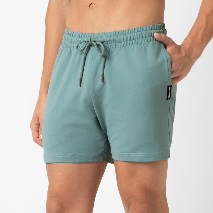 Lounge Short 5 Sea Glass close up on model