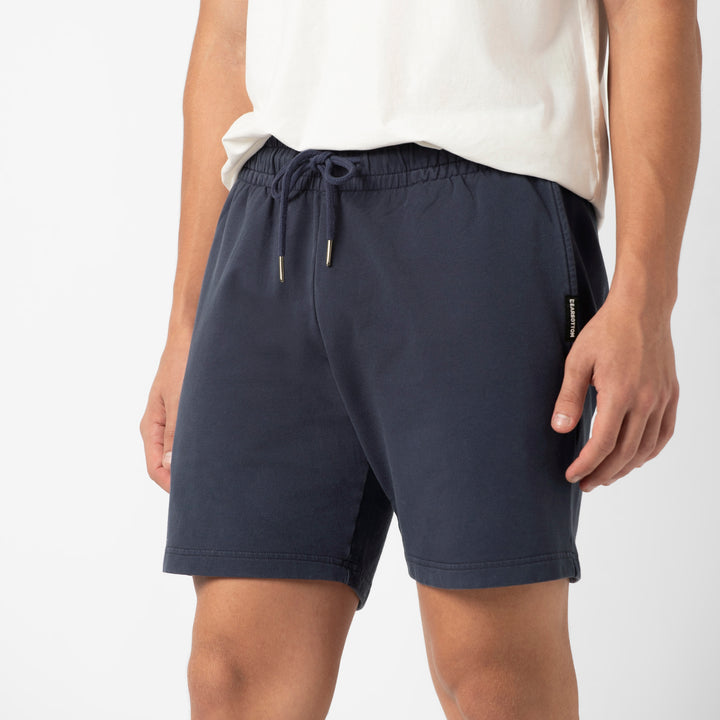 Lounge Short 7 Navy front on model close up