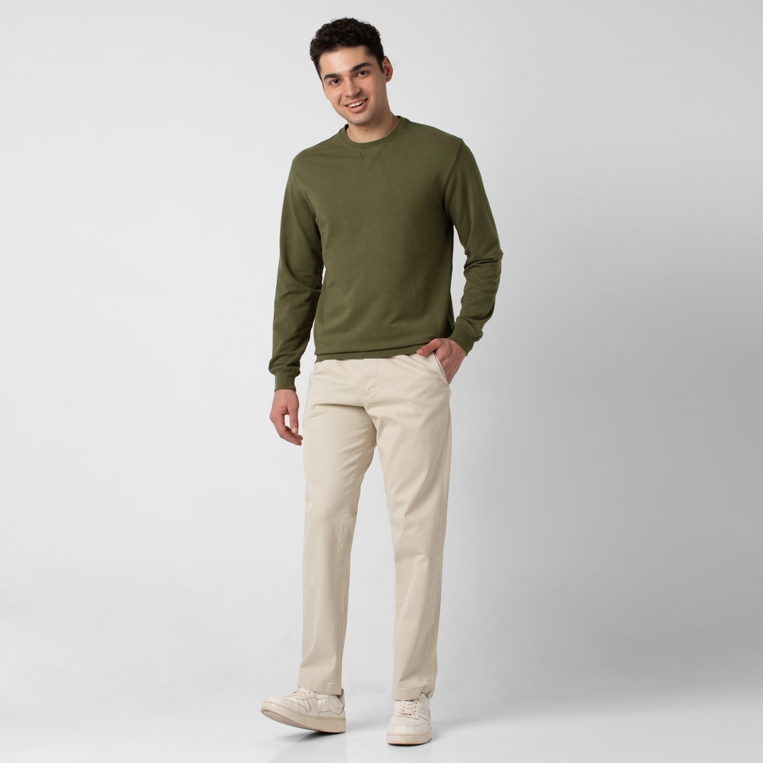 Lounge Crewneck Dark Olive full body on model