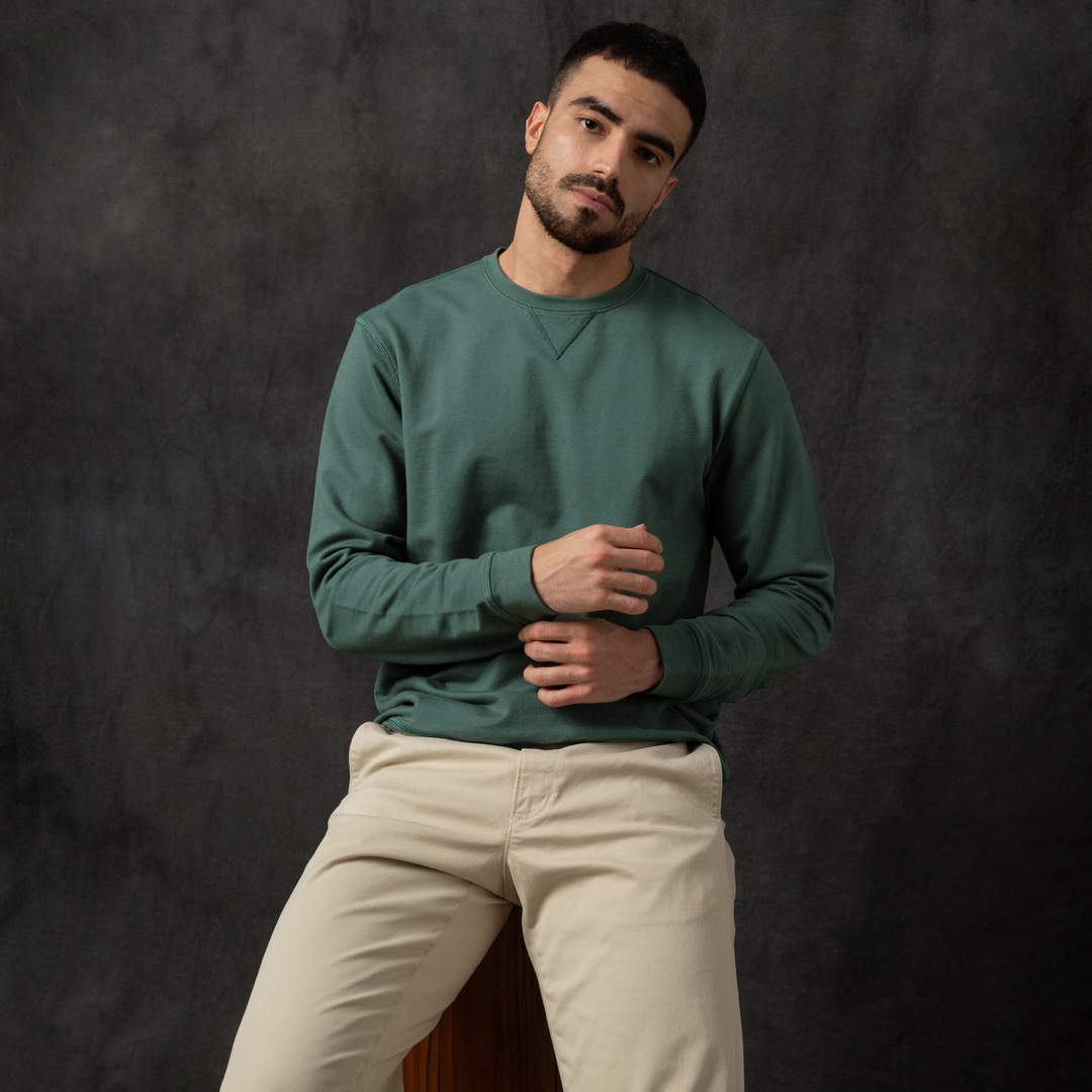 Lounge Crewneck Dark Sage front on model