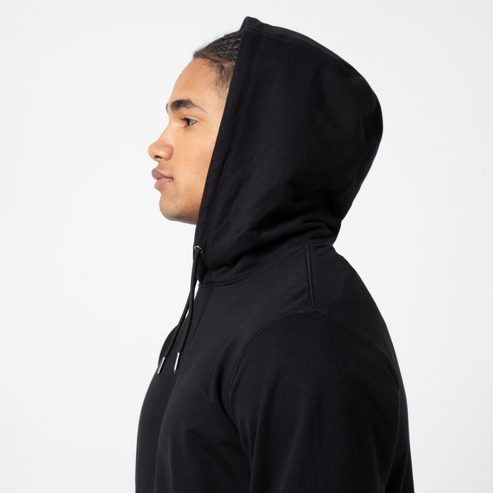 Lounge Hoodie Black hood up on model