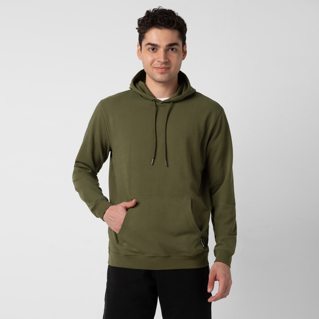 Lounge Hoodie Dark Olive front on model